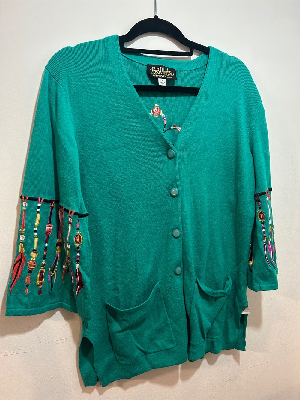 Bob Mackie Dreamcatcher Teal Embroidered 3/4 Sleeve Button Front Cardigan Boho